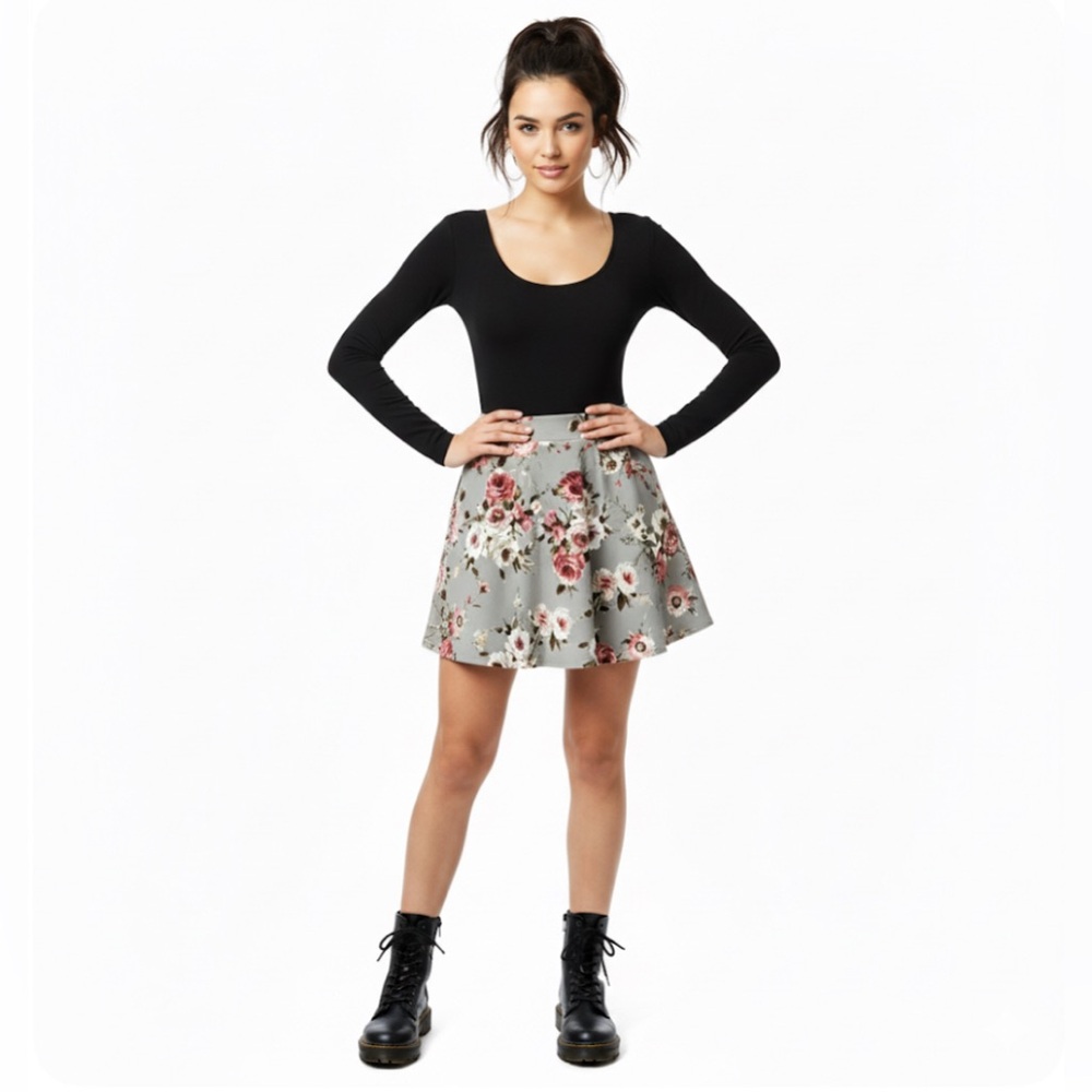 Floral A-Line Mini Skirt in Light Gray